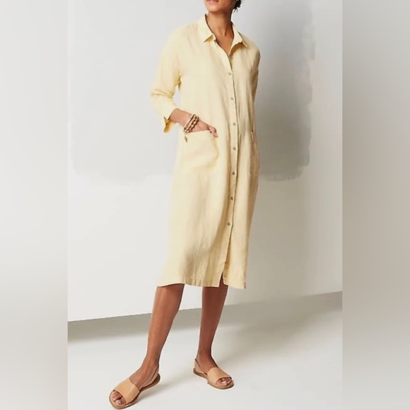 PureJill Linen Dresses & Skirts - NWT Pure Jill Linen Yellow Patch-Pocket Button Down Shirtdress Size Large